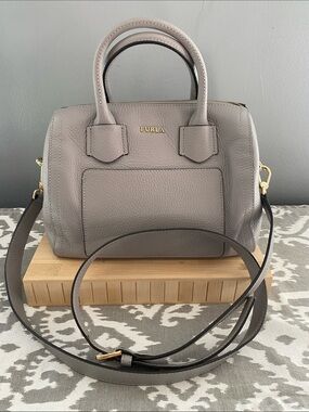 Furla Alba Gray Pebbled Leather Satchel w/Top Handle/Removable Crossbody Strap